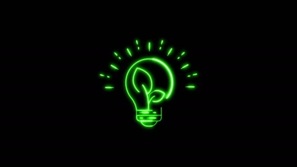 Żarówka Neon Roślinny Świecące Ikona Linii Izolowane Czarnym Tle Animacja — Wideo stockowe