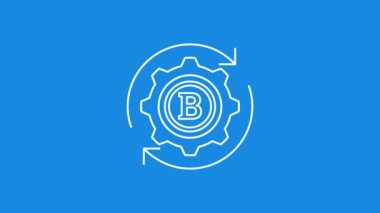 Bitcoin Madencilik beyaz simge animasyonu. Kesme yolu animasyonu 4K video. Mavi arkaplan.