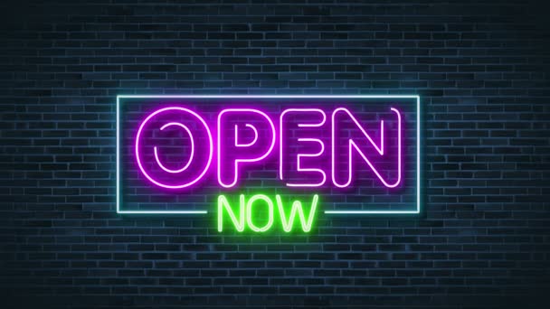 Buka Sekarang Neon Glowing Sign Wall Video Bata — Stok Video