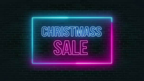 Kerstverkoop Neon Glowing Sign Brick Wall Video — Stockvideo