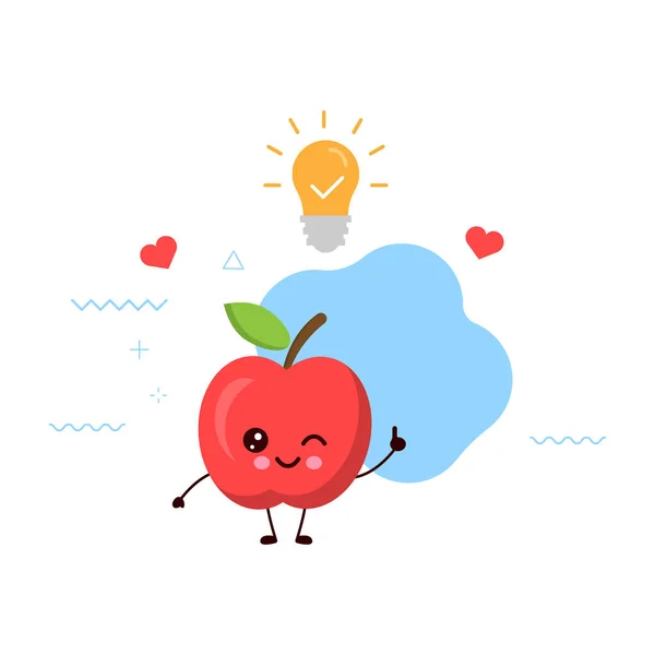 Lindo Personaje Sonriente Manzana Feliz Consiguió Idea Con Bulb Card — Archivo Imágenes Vectoriales