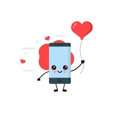 Kırmızı Kalp Balon.card ya da poster tasarımlı şirin, mutlu bir akıllı telefon. Kawaii karikatür çizimi. Çocuklar için şirin bir illüstrasyon..