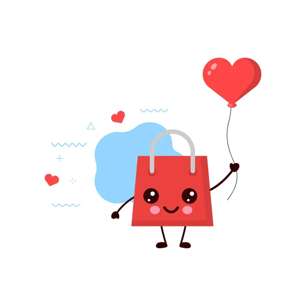 Mignon Sac Provisions Souriant Heureux Avec Red Heart Ballloon Card — Image vectorielle