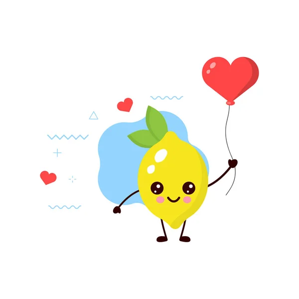 Cute Feliz Sorrindo Limão Com Coração Vermelho Balloon Card Cartaz —  Vetores de Stock