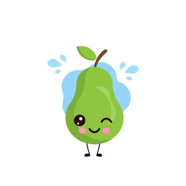 Sevimli, mutlu, gülümseyen armut karakteri bir göz kırpması ya da poster tasarımı. Kawaii çizgi film illüstrasyonu. Çocuklar için şirin bir illüstrasyon.