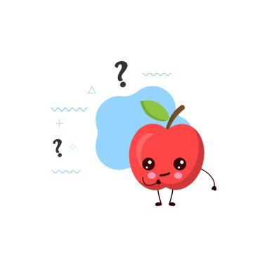 Soru işareti ya da poster tasarımı olan sevimli, mutlu, gülümseyen bir elma. Kawaii karikatür çizimi. Çocuklar için şirin bir illüstrasyon.