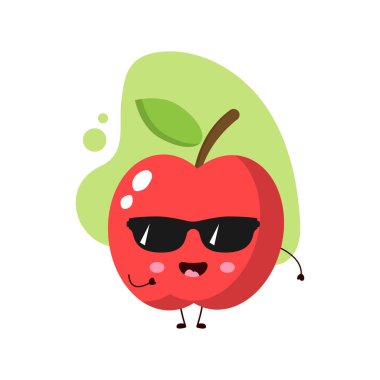 Güneş gözlüklü şirin elma. İş, tişört, çıkartma, kart ya da poster tasarımları için illüstrasyon. Elma kawaii karikatür çizimi. Komik vektör çizimi..