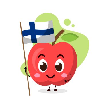 Şirin elma Finlandiya bayrağını tutar. İş, tişört, çıkartma, kart ya da poster tasarımları için illüstrasyon. Kawaii karikatür çizimi..