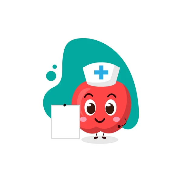 Şirin Doktor Elma, boş masayı tut. İş dünyası, tişört, çıkartma, kart ya da poster tasarımları için illüstrasyon. Kawaii karikatür illüstrasyonu. Komik sağlıklı yemek illüstrasyonu..