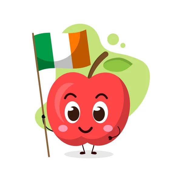 Şirin elma, Irelandanın bayrağını tut. İş, tişört, çıkartma, kart ya da poster tasarımları için illüstrasyon. Kawaii karikatür çizimi..