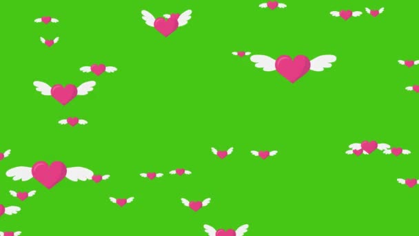 Srdce Křídly Pozadí Animace Simple Plovoucí Srdce Křídly Záběry Zeleném — Stock video