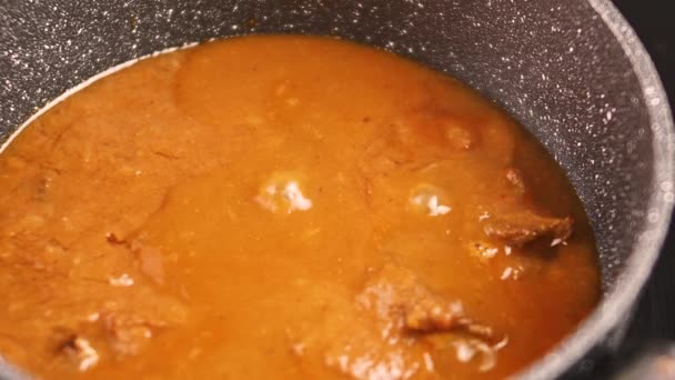 Cocinar Goulash Carne Vacuno Inducción Cocinar Goulash Carne Vacuno Una — Vídeo de stock