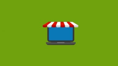 Yeşil ekran arkaplanındaki dizüstü bilgisayar çevrimiçi simge canlandırması. 4K video. Krom anahtar. Açıklayıcı video, web sitesi, tebrik kartları, uygulamalar ve sosyal medya paylaşımları için kullanışlı