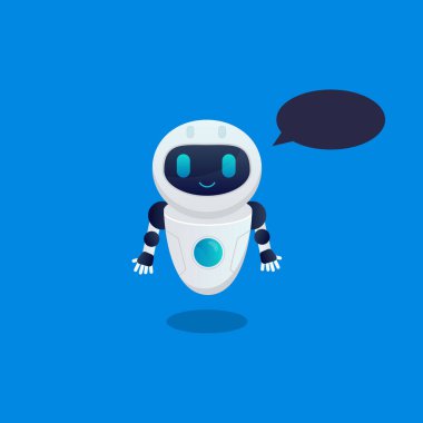 Konuşma baloncuğu ile sevimli gülümseyen mutlu robot.