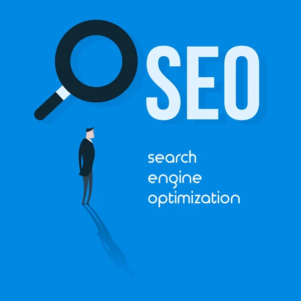 İş adamı büyüteç ve SEO metnine bakıyor. Arama motoru optimizasyon vektörü kavramı. Mavi arkaplan. Minimalizm kavramı.