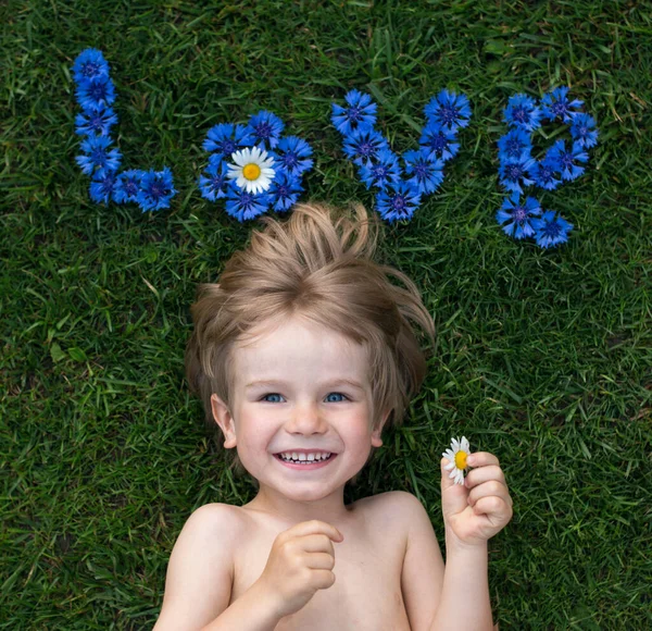 Retrato Cara Lindo Niño Alegre Acostado Hierba Verde Por Encima — Foto de Stock