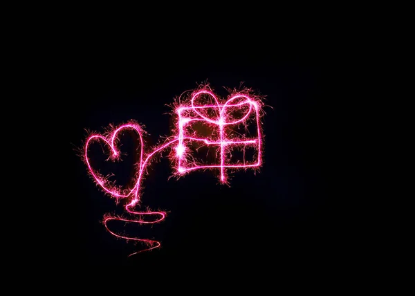 Frysljus Teckning Med Ljus Med Hjälp Tomtebloss Lång Exponering Kärlekssymboler — Stockfoto