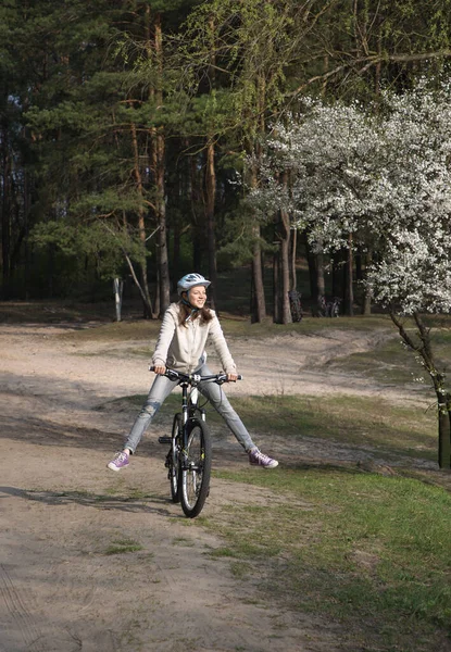 Happy Girl Legs Spread Fun Rides Bicycle Flowering Tree Healthy — Stock Photo, Image