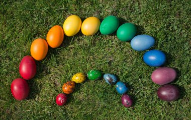 Tavuk ve bıldırcın yumurtaları gökkuşağı renginde parlak renklidir güneşli bir bahar tatilinde çimlerin üzerinde yatarlar. Aile gelenekleri. Mutlu Paskalyalar