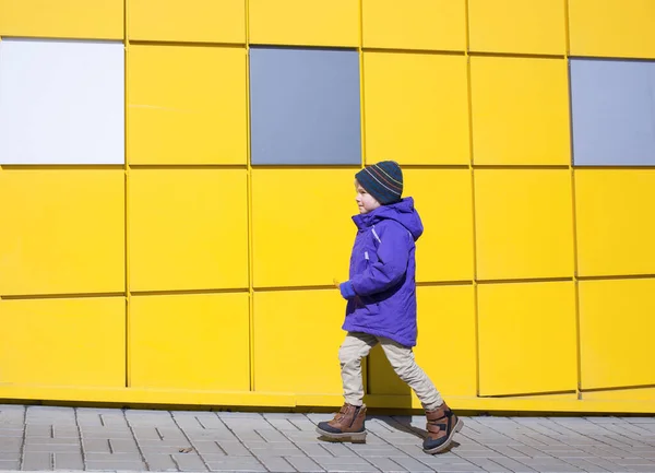 Toddler boy in a purple jacket walks forward along the walls of a bright yellow wall. step forward concept. Positive. Energy charge. Colors of the year 2021. Illuminating yellow. Complementary colors