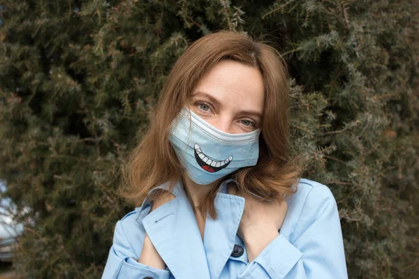 Portrait Young Woman Light Blue Trench Coat Medical Mask Big — Stock Photo, Image