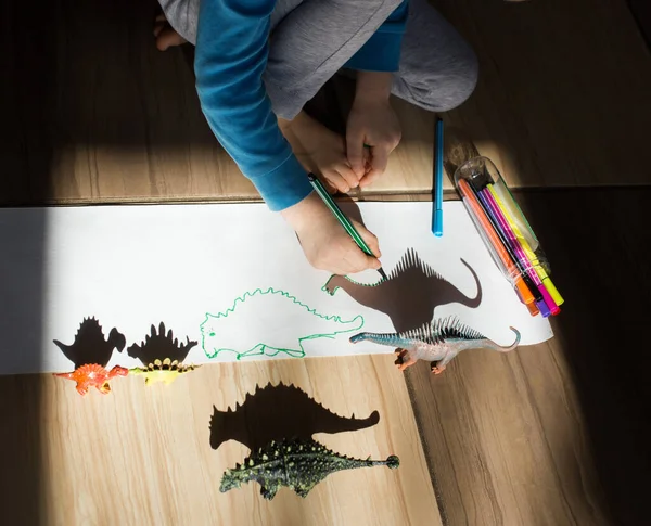 Child Outlines Shadows Figures Toy Dinosaurs Ideas Children Creativity Development — Stock Photo, Image