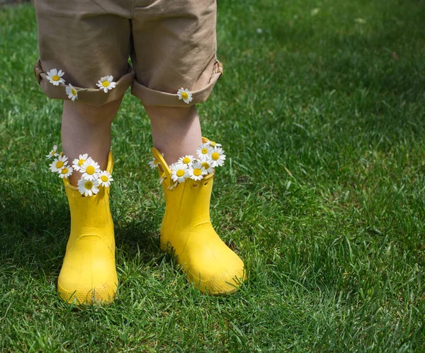 Baby Boy Legs Bright Yellow Boots Brown Shorts Daisy Flowers — Stock Photo, Image