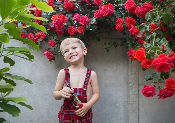 Niño Lindo Años Edad Mono Cuadros Con Cepillo Contra Fondo — Foto de Stock