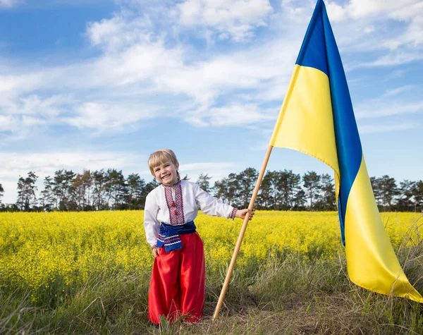 Garçon Souriant Vêtements Ukrainiens Nationaux Avec Jaune Grand Drapeau Bleu — Photo