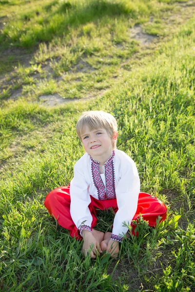 Lindo Niño Ropa Nacional Ucraniana Camisa Bordada Pantalones Rojos Sienta — Foto de Stock