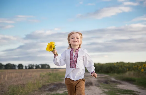 Niño Ucraniano Sonriente Años Edad Una Camisa Bordada Con Una — Foto de Stock