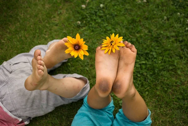 Грязные Босые Ноги Двух Детей Лежащих Траве Жёлтый Цветок Между — стоковое фото