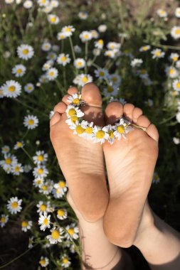 Çocukların çıplak ayakları ve üzerlerinde küçük papatya çelenkleri. Çiçek fantezileri, olumlu tavırlar, açık hava eğlencesi. Ayak sağlığı. Güneşli bir yaz gününde parkta çıplak ayakla yürümek. Dikey