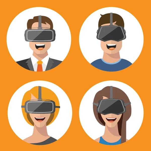 Gafas de realidad virtual hombre y mujer iconos planos — Vector de stock