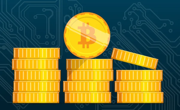 Düz bitcoin. Altın sikke yığını.