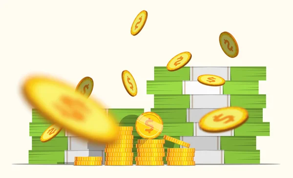 Yığın yığın nakit para banknot ve bazı altın bulanıklık. Jeton düşüyor. Düz stil nakit para illüstrasyon.