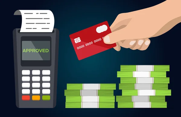 Terminal de pagamento POS com mão e cartão de crédito vetor plano . — Vetor de Stock