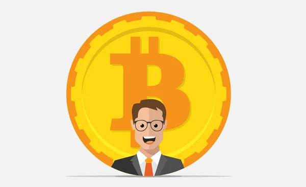 Düz bitcoin simge ve iş adamı. Altın madeni para ile adam.