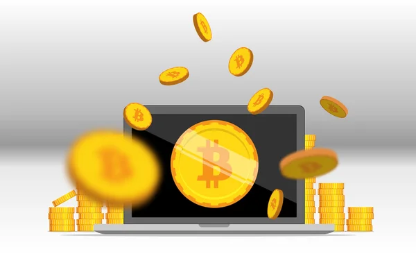 Düz bitcoin. Altın sikke yığını ile bilgisayar madencilik ekipmanları.