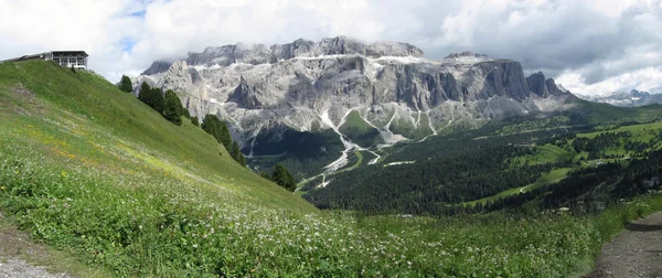 Panoramic mountain view of the Dolomites from Champinoi mountain, Selva di Valgardena, South Tyrol - Italy — Stock Photo, Image