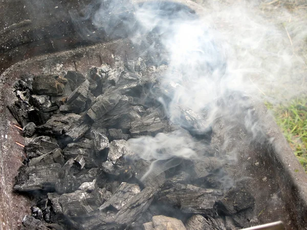 Fumo bruciando carbone sul barbecue — Foto Stock