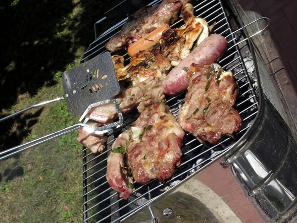 Steak grillé et saucisses sur le gril — Photo