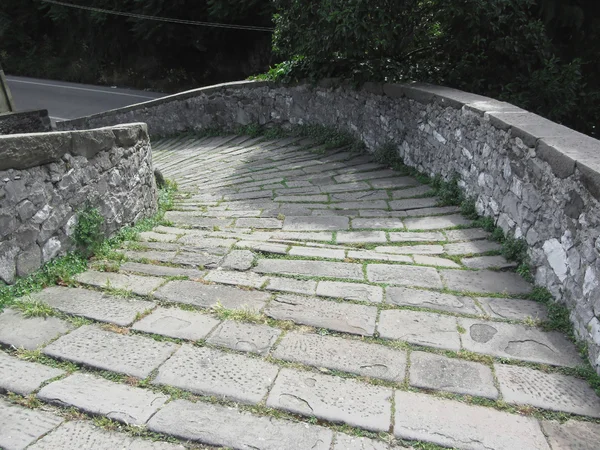 Passerella in pietra di discesa del ponte medievale noto come Ponte del Diavolo a Borgo a Mozzano — Foto Stock