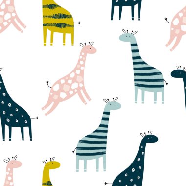 Beyaz arka planda, İskandinav tarzı şirin zürafalar ile el yapımı, el yapımı, kusursuz, basit, tekrarlayan bir model. Sevimli bebek hayvanlar. Zürafalı çocuklar için bir model. Çocuk tasarımı.