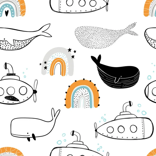 Vector hand-drawn colored childish seamless repeating simple flat pattern with whales, rainbows and submarines in scandinavian style on a white background. Cute baby animals. Kids design. — Stock Vector