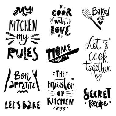 Beyaz arka planda elle yazılmış vektör pişirme harfleri. Mutfak eşyası siluetiyle vektör pişirme harfleri. Aşçılık dersleri, kurslar, yemek stüdyosu, kafe, restoran için tasarım konsepti.