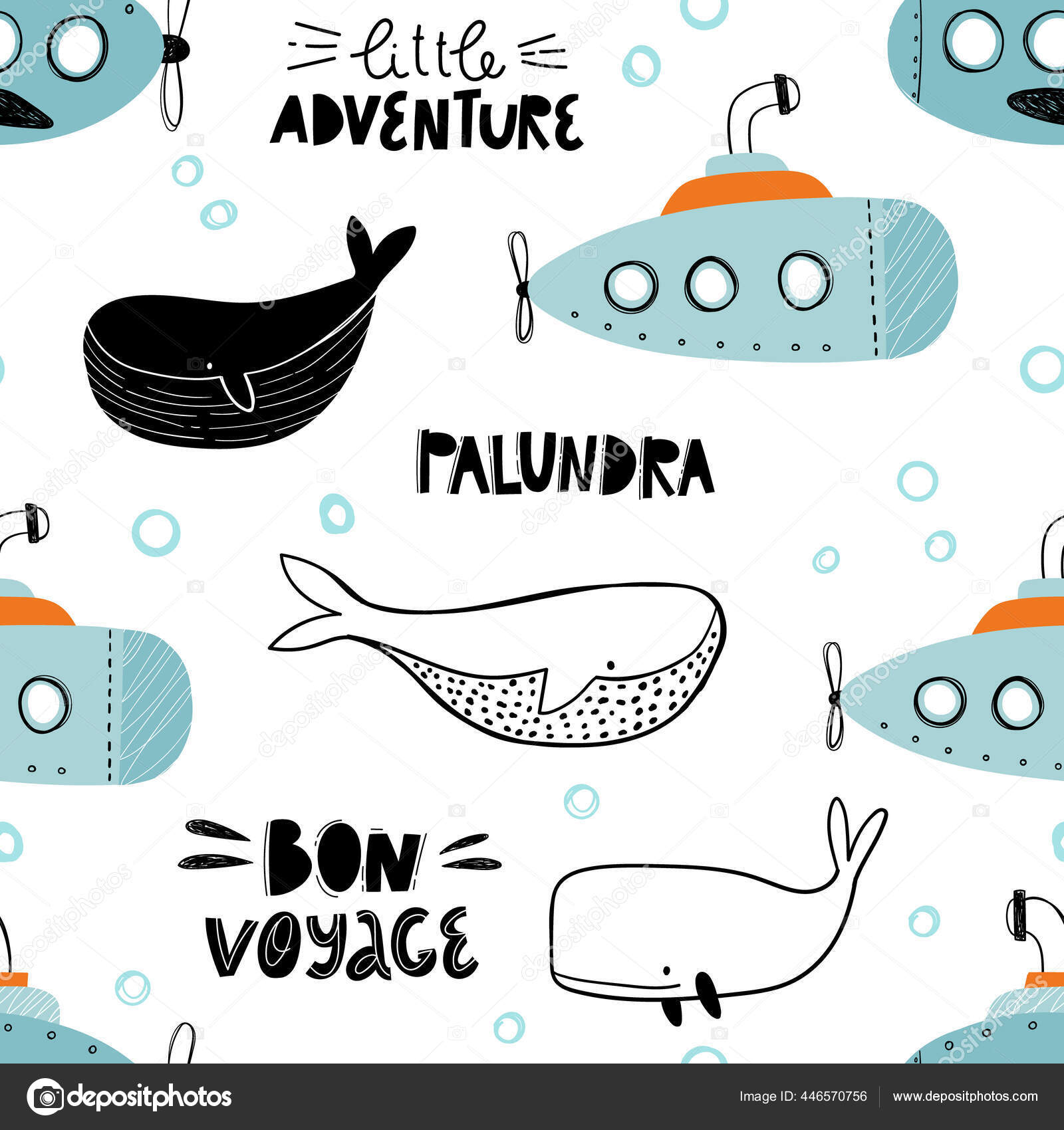 Vektor Gambar Tangan Kekanak Kanakan Dengan Mulus Mengulangi Pola Datar Sederhana Dengan Paus Dan Kapal Selam