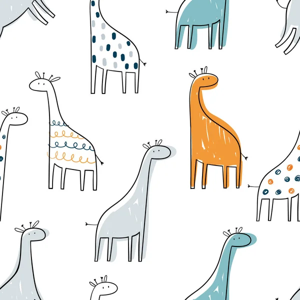 Векторний малюнок ручної роботи дитячого посуду безшовно повторює простий візерунок з милими жирафами в скандинавському стилі на білому тлі. Милі дитячі тварини. Візерунок для дітей з жирафами. Дизайн дитячої . — стоковий вектор