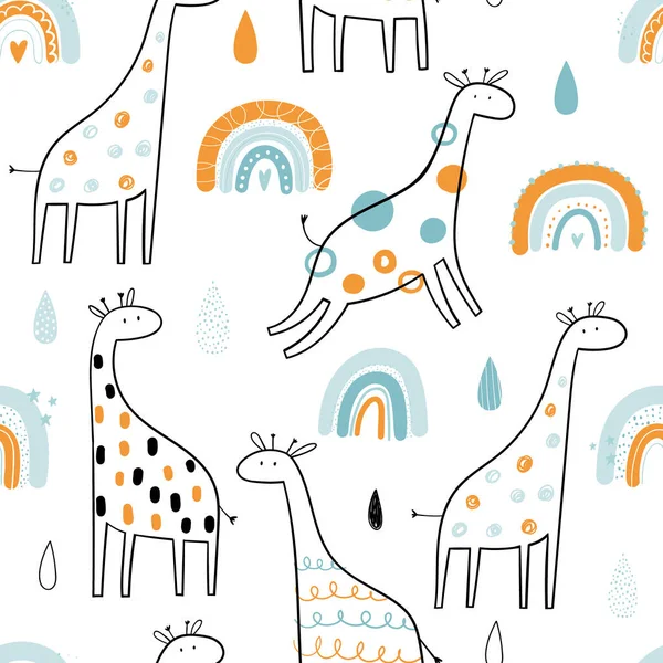 Vettore disegnato a mano colorato infantile senza soluzione di continuità ripetendo semplice modello con simpatiche giraffe e arcobaleni in stile scandinavo su uno sfondo bianco. Carini gli animaletti. Modello per bambini con giraffe. — Vettoriale Stock