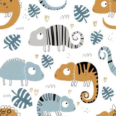 Beyaz arka planda, İskandinav tarzında bukalemunlarla basit düz desenleri tekrarlayan, el çizimi çocuksu vektör. Sevimli bebek hayvanlar. Bukalemunlu çocuklar için bir model. Kertenkele.